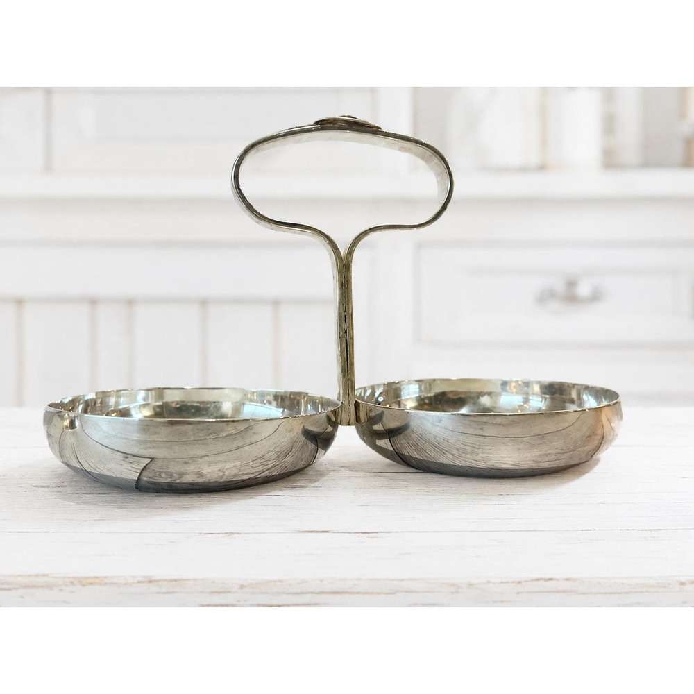 Vintage Silverplate Double Candy Dish Finger Food Caddy with Handle Estate Find
